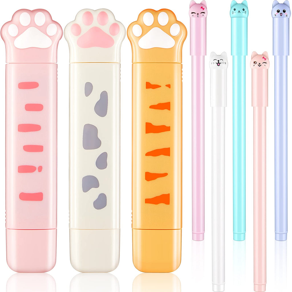 [AUSTRALIA] - 3 Pieces Cartoon Correction Tapes, Double Tips Cat Paw Shaped Corrective Tapes with Glue Tip, 5 Pieces Cat Gel Ink Pens, Cat-Themed Stationery Set for Students Kids
