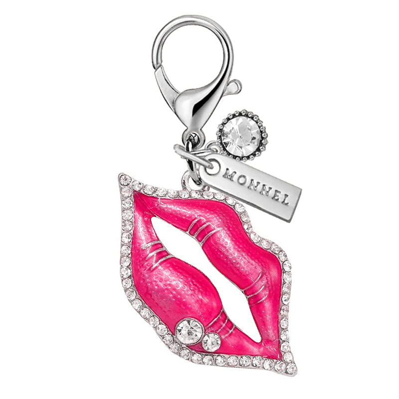  [AUSTRALIA] - Monnel MC223 Crystal Big Sexy Kiss Lip Lobster Clasp Charm Pendant with Velvet Bag (Hot Pink, 1 Piece)