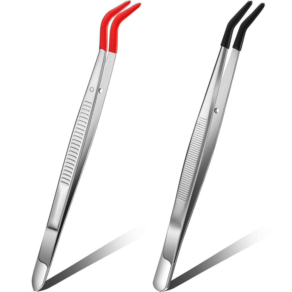  [AUSTRALIA] - 2 Pieces Tweezers curved Bent Tip Tweezers with Rubber silicone Tips PVC Coated Non Marring Soft Long Rubber Tips Tweezers Stainless Steel Hobby Jewelry Crafts Tools for Lab Jewelry Making, Red Black