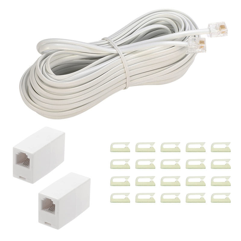  [AUSTRALIA] - Phone Extension Cord50Ft, Phone Cord ，Telephone Cable with Standard RJ11Plug and 2 in-Line Couplers and 20 Cable Clip Holders, White (White, 50 Feet)