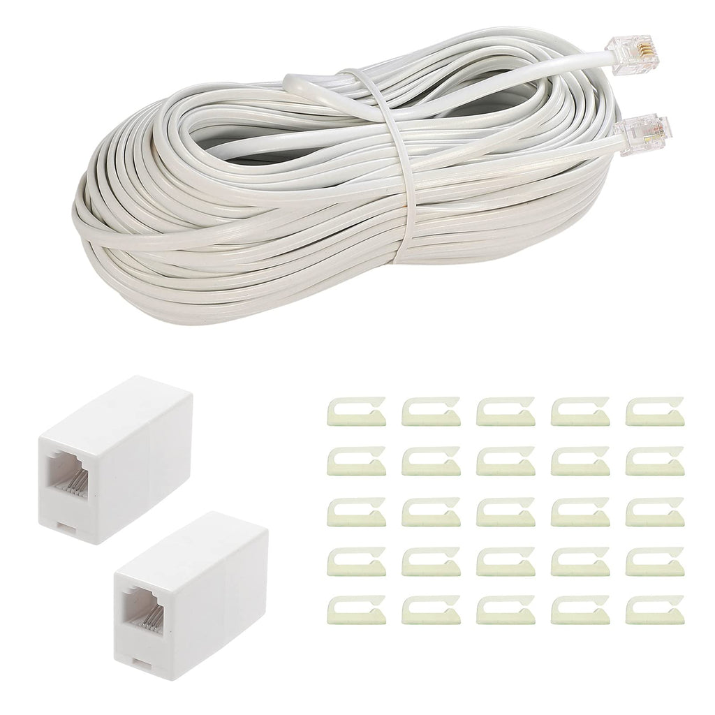  [AUSTRALIA] - Phone Extension Cord 66 Ft, Phone Cord ，LanSenSu Telephone Cable with Standard RJ11Plug and 2 in-Line Couplers and 25Cable Clip Holders, White (White, 66 Feet)