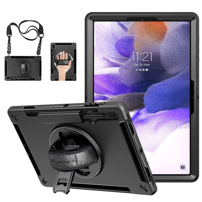  [AUSTRALIA] - Case for Samsung Galaxy Tab S7 FE 2021 : Military Grade TPU Shockproof Heavy Duty Protective Cover for Tab S7 Plus 12.4 Inch with S-Pen Holder + Rotating Kickstand + Handle + Shoulder Strap-Black Tab S7 FE 12.4 Inch 2021 / Tab S7 Plus 12.4 Inch Black