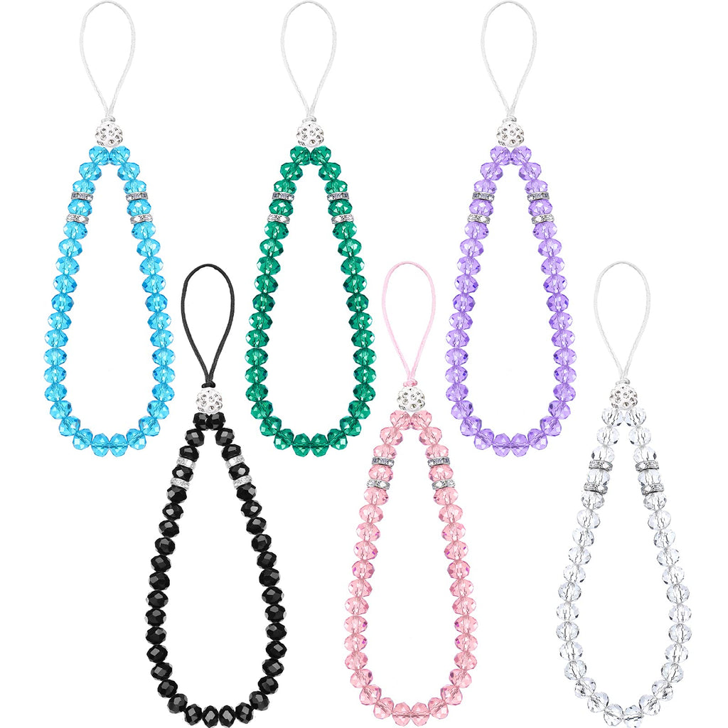 [AUSTRALIA] - 6 Pieces Beaded Cell Phone Lanyard Short Hand Wrist Lanyard Strap Bling Crystal Beads Mobile Phone Lanyard Chain for Girl Women Cell Phone Keychain Purse Camera, White Black Pink Blue Purple Green
