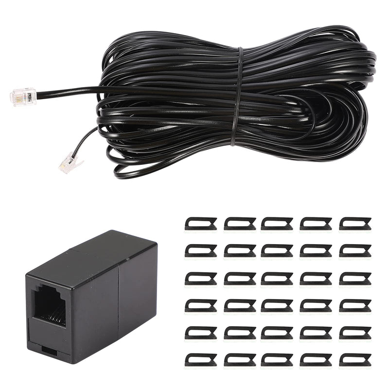  [AUSTRALIA] - 100Feet Long Telephone Extension Cord Phone Cable Line Wire, with Standard RJ11 Plug and 1 in-Line Couplers and 30 Cable Clip Holders-Black (100 Feet) 100 Feet