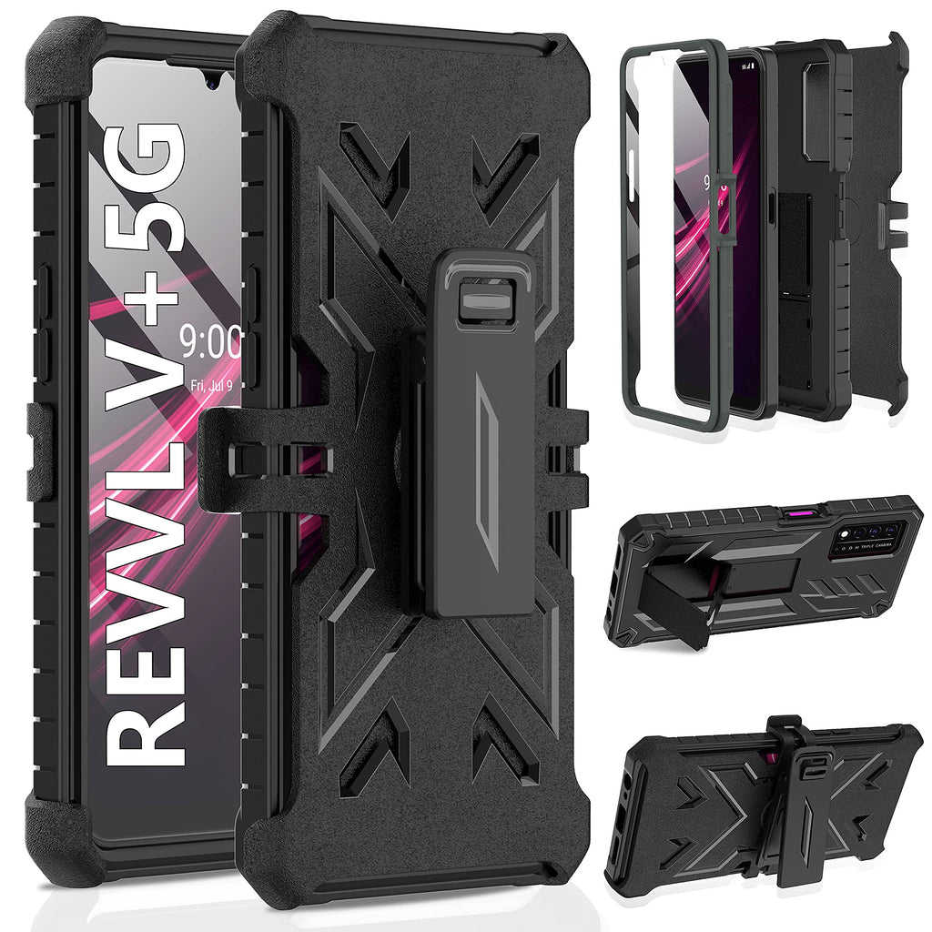  [AUSTRALIA] - for T-Mobile Revvl V Plus 5G Case: Built-in Screen Protector Kickstand Full-Body Military Grade Three-Layer Protective Shockproof Rugged Phone Cover with Belt Clip Holster Black