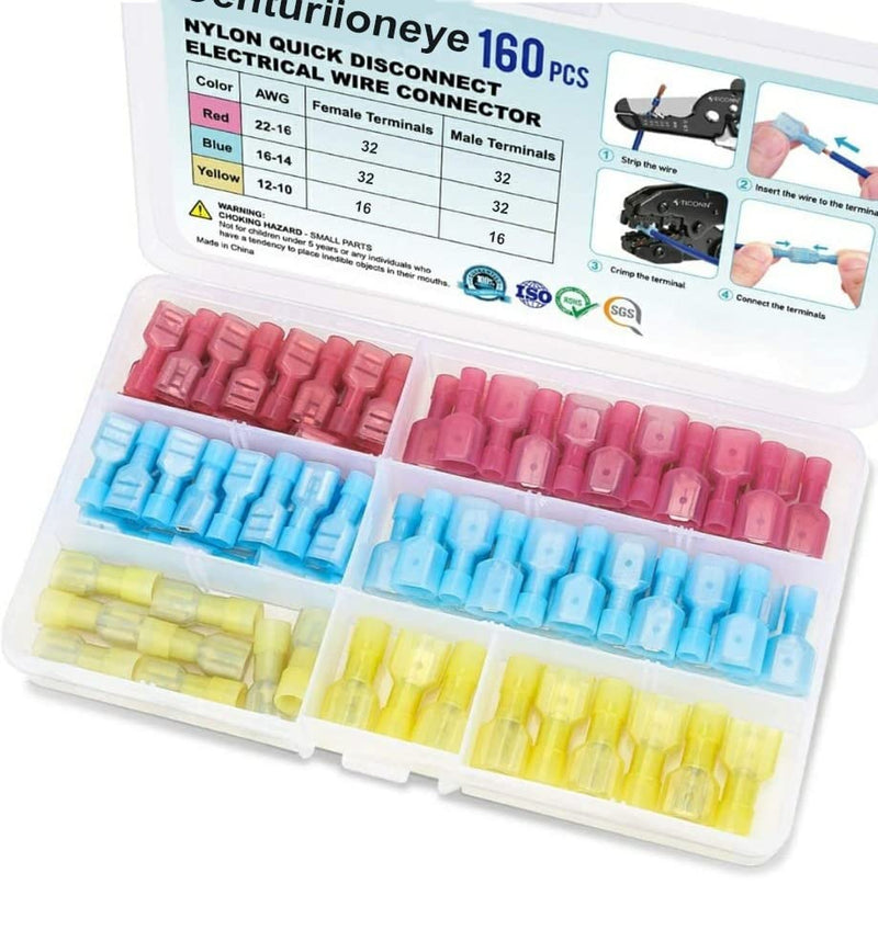  [AUSTRALIA] - Centuriioneye 160 PCS Spade Connector Quick Disconnect Male Female Wire Connectors (22-10 AWG) with Nylon Insulating Sleeve for Electronics Automotive