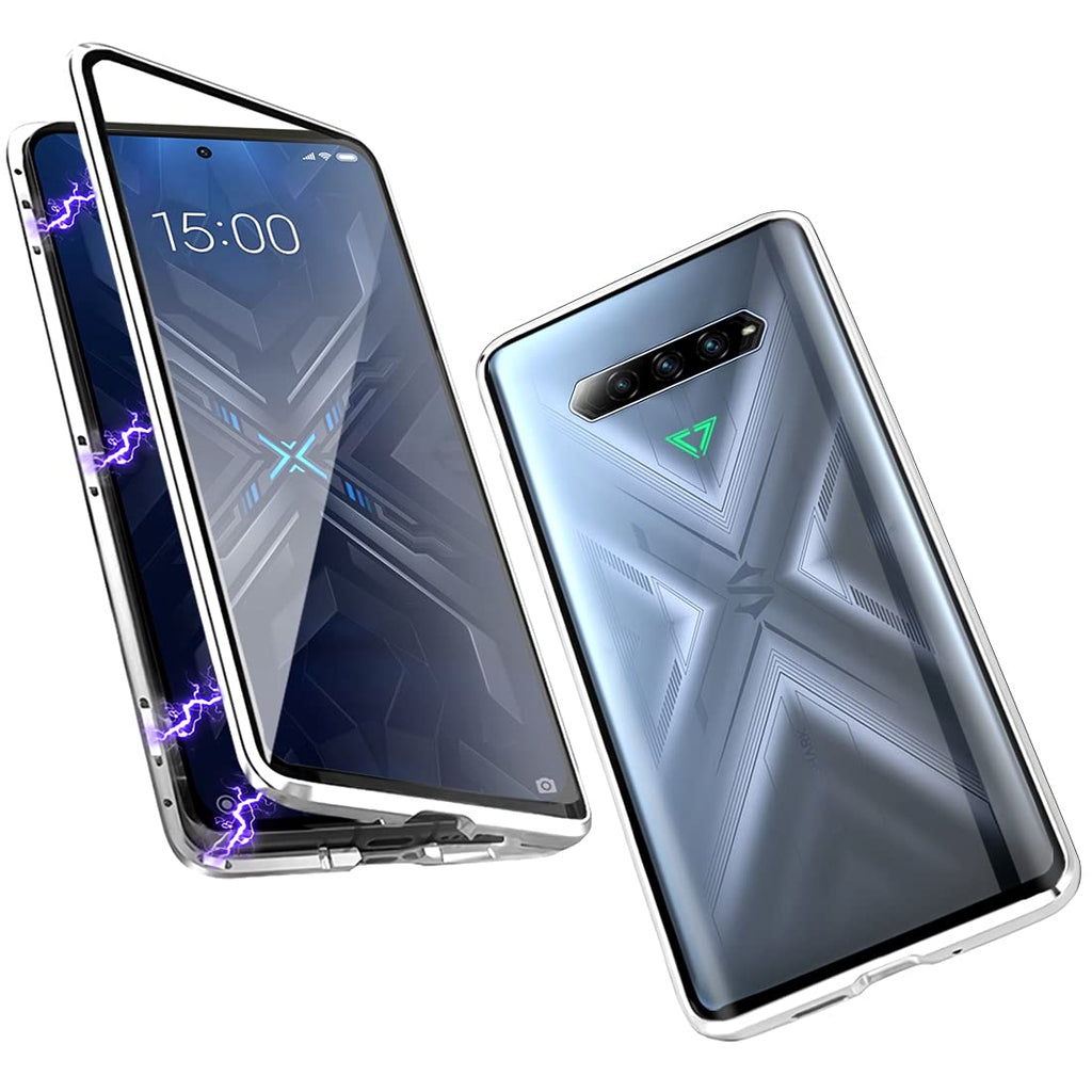  [AUSTRALIA] - QUIETIP Compatible for Black Shark 4/4 Pro Case Clear,Magnetic Slim Metal Frame Double-Sided Transparent Tempered Glass Case with Built-in Screen Lens Protect,Silver Silver 6.67 Inches