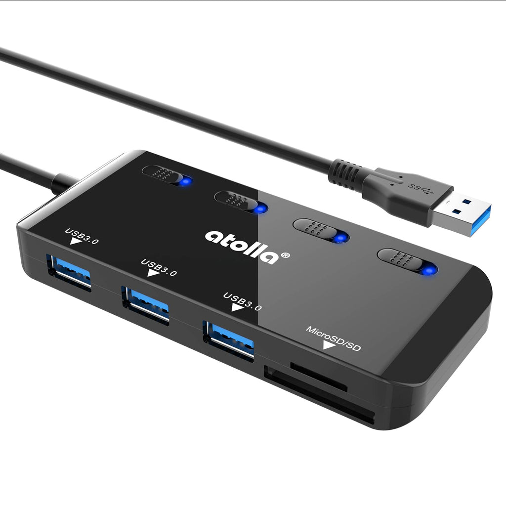 [AUSTRALIA] - SD Card Reader, atolla USB Hub with SD/Micro SD Card Reader, USB Splitter with 3 USB Ports, 2 Card Slots and Individual LED Power Switches