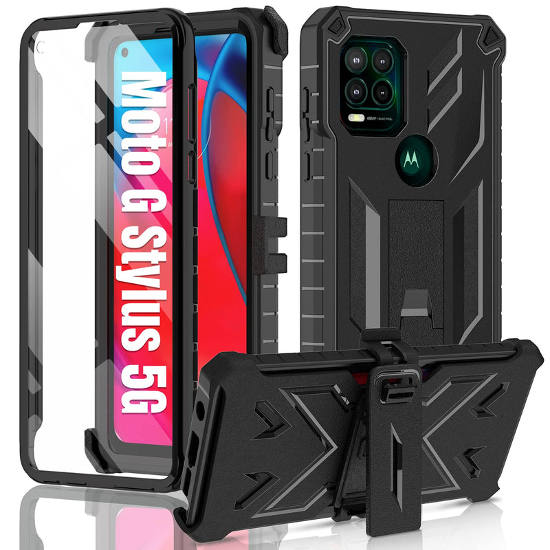  [AUSTRALIA] - for Motorola Moto G Stylus 5G Case: Built-in Screen Protector Kickstand Full-Body Military Grade Three-Layer Protective Shockproof Rugged Phone Cover with Belt Clip Holster Black