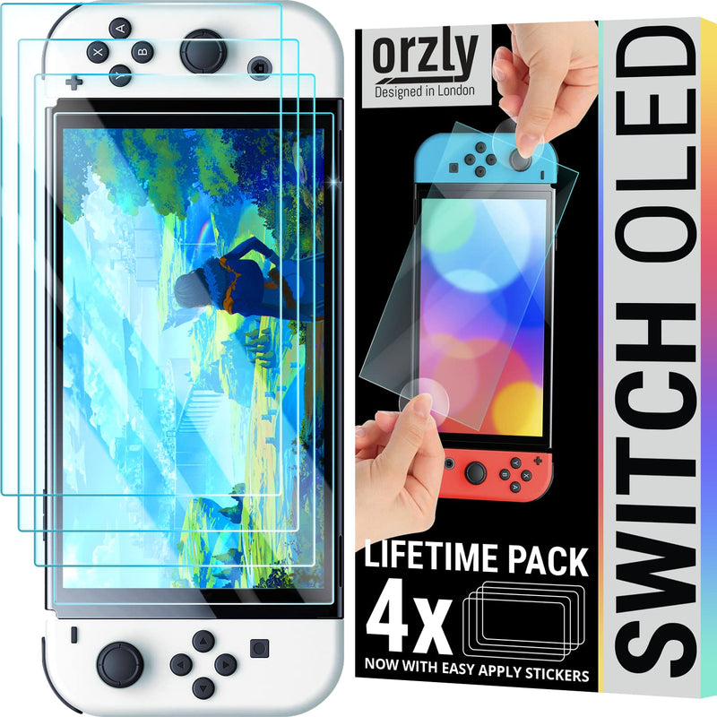  [AUSTRALIA] - Orzly Glass Screen Protector for Nintendo Switch OLED 2021 Console Accessories (Pack of 4) - Tempered Glass Life time Edition`