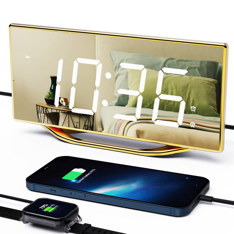  [AUSTRALIA] - Digital Dual Alarm Clock with USB Charger for Bedroom,8.7" Large LED Mirror Display Bedside Clock with Battery Backup,Loud Alarm Clock for Heavy Sleepers,Dimming Mode,12/24H,Snooze,Office Decor Gold