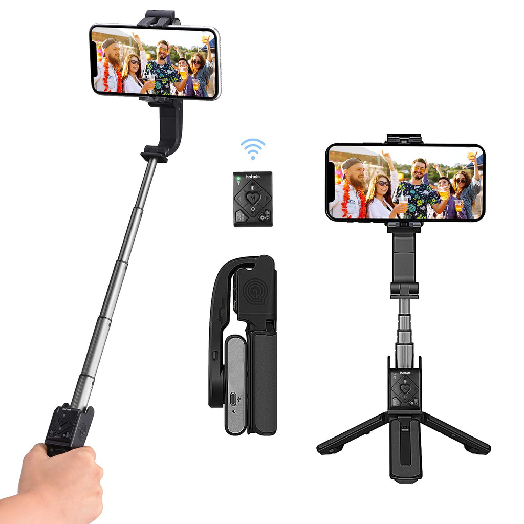  [AUSTRALIA] - Selfie Stick Tripod with Remote 1-Axis Gimbal Stabilizer, 4 in 1 Portable Phone Tripod w/Extendable Stick, Face Tracking & 360°Rotation for iPhone 13 Pro Android Video Recording Vlog hohem iSteady Q Black Selfie Stick with remote