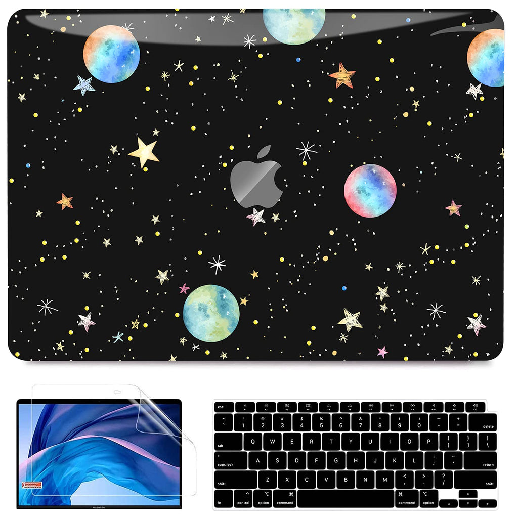  [AUSTRALIA] - B BELK Compatible with MacBook Air 13 Inch Case 2021 2020 2019 2018 Release A2337 M1 A2179 A1932 with Touch ID, Clear Plastic Laptop Hard Shell Case with Keyboard Cover + Screen Protector, Black Stars Black Planet Stars