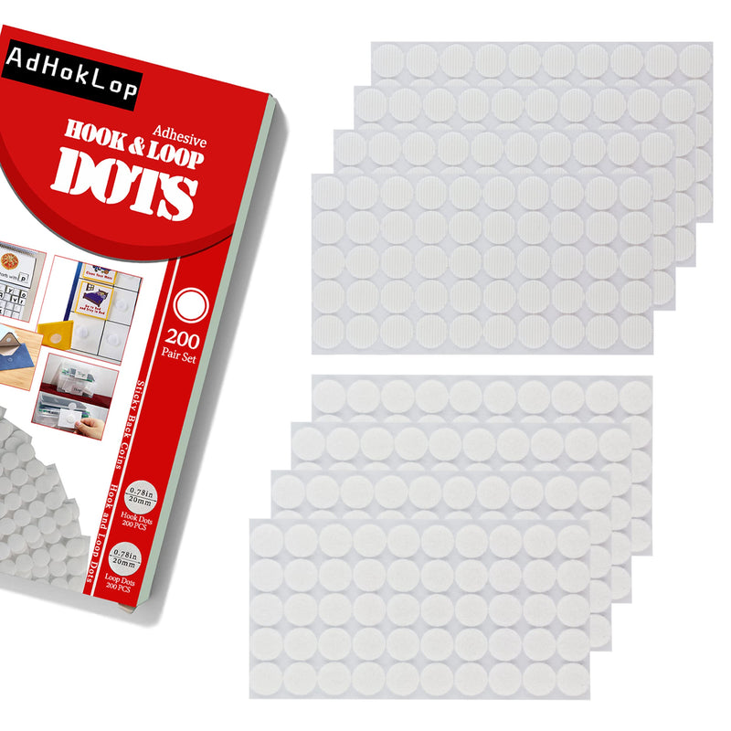  [AUSTRALIA] - Adhoklop 400 Pcs (200 Pairs) Dots with Adhesive 0.78 Inch Diameter Hook and Loop Nylon Sticky Back Coins, Adhesive Strips Fastener Round Tapes for Hanging Kids Crafts (White) 0.78in/20mm 400pcs(White)
