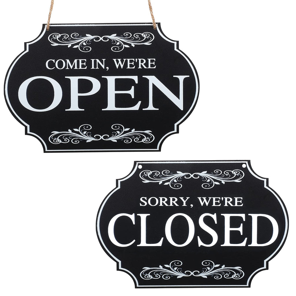  [AUSTRALIA] - Rustic Wooden Store Open and Closed Business Sign Two Sided Reversible Come in We're Open, Sorry We're Closed Store Hanging Sign for Coffee Bar Shop Door Window Decoration 11.8x7.8inch Black Board, White Words