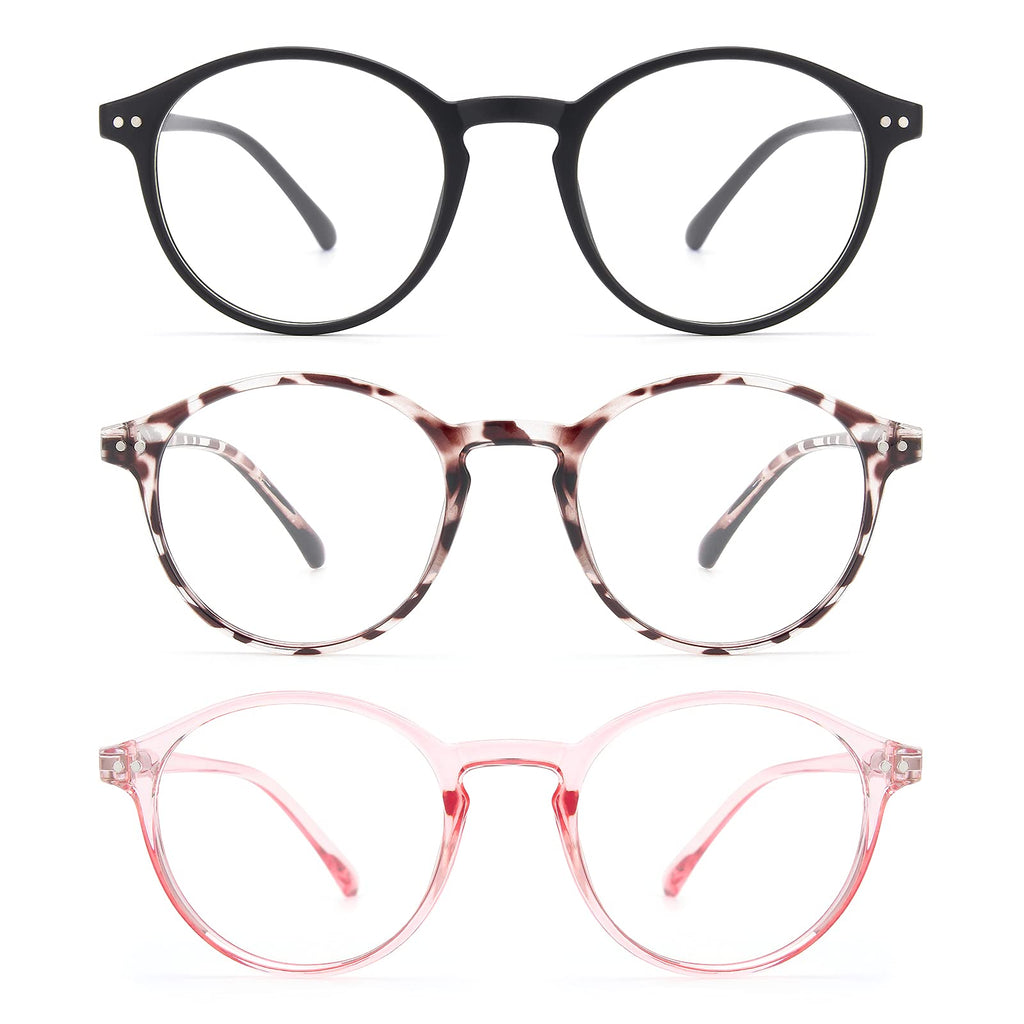  [AUSTRALIA] - MIGSIR 3 Pack Blue Light Blocking Glasses for Computer Gaming Eye Strain, Round Fashion Fake Eyeglasses Frames for Women Men Matte Black+leopard+pink