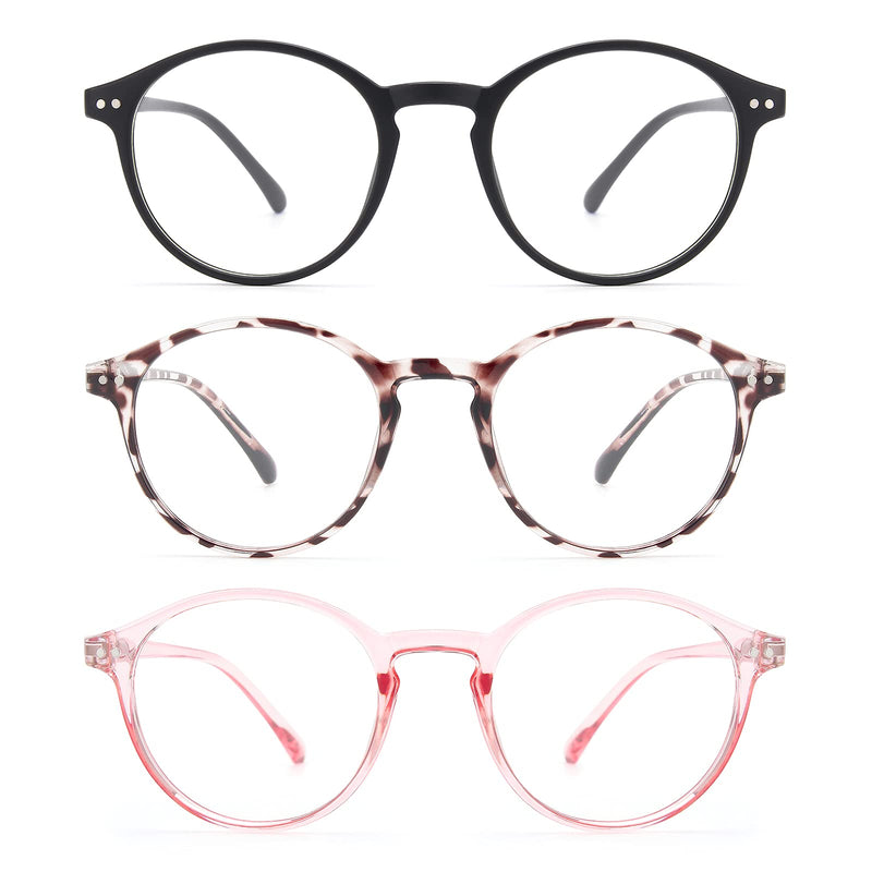  [AUSTRALIA] - MIGSIR 3 Pack Blue Light Blocking Glasses for Computer Gaming Eye Strain, Round Fashion Fake Eyeglasses Frames for Women Men Matte Black+leopard+pink