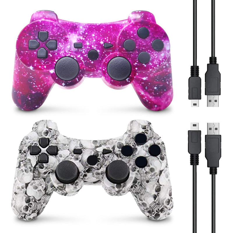  [AUSTRALIA] - PS3 Controller Wireless, Gaming Remote Joystick for Playstation 3 with Charger Cable Cord (Purple Star, White Skull) Purple Star, White Skull