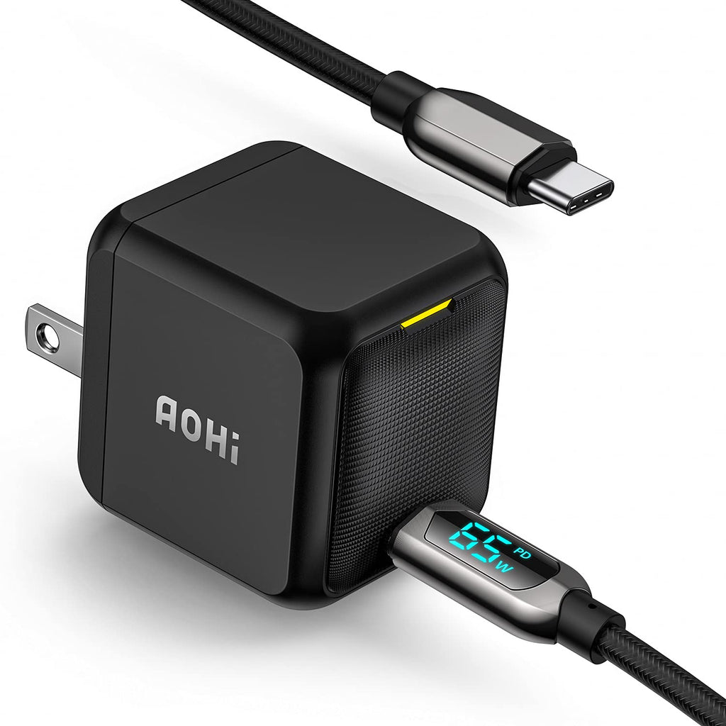  [AUSTRALIA] - AOHI 65W PD USB C Charger GaN+,Magcube Mini Fast Wall Charger Power Adapter with 4ft USB C to USB C LED Display Cable for Notebook MacBook Pro/Air, Galaxy S20/S10, Note 20/10+, iPhone 13/12/Pro Black c