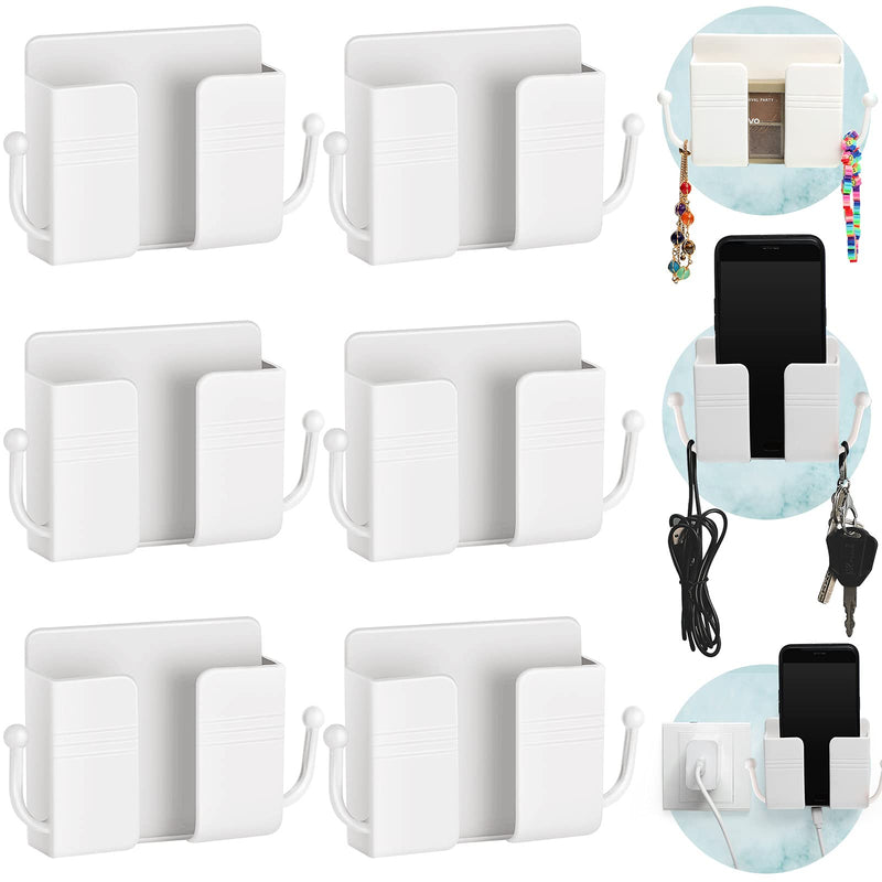  [AUSTRALIA] - 6 Pieces Wall Mount Phone Holder Self-Adhesive Wall Beside Organizer Storage Box Plastic Charging Phone Stand Remote Wall-Mounted Phone Brackets Holder for Bedroom (White) White