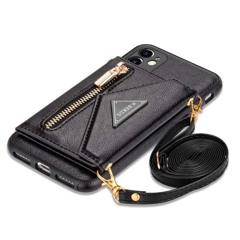  [AUSTRALIA] - SZHAIYU Wallet Crossbody for iPhone 11 Phone Case with Lanyard Strap Credit Card Holder, PU Leather Protective Handbag Zipper Purse Kickstand Cover Women Girl (Black) Black