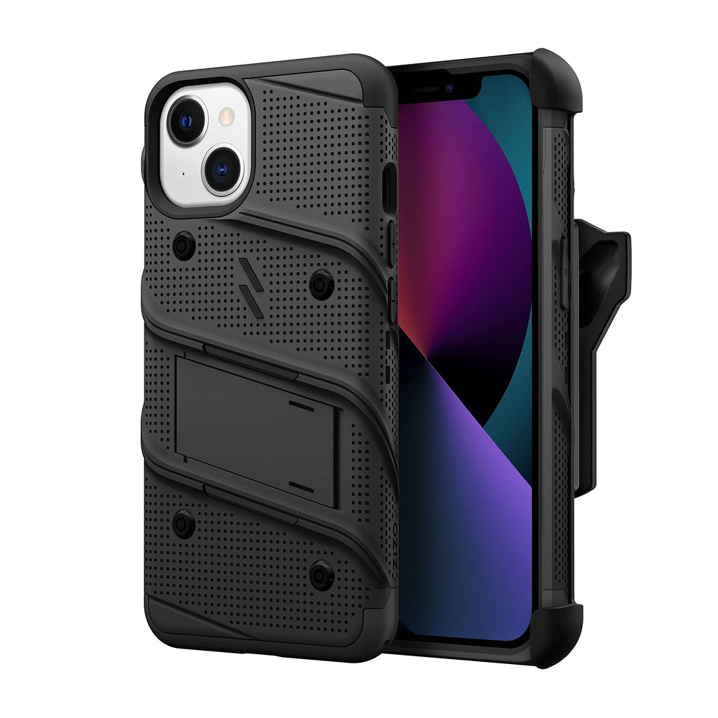  [AUSTRALIA] - ZIZO Bolt Bundle for iPhone 13 Mini Case with Screen Protector Kickstand Holster Lanyard - Black Black/Black