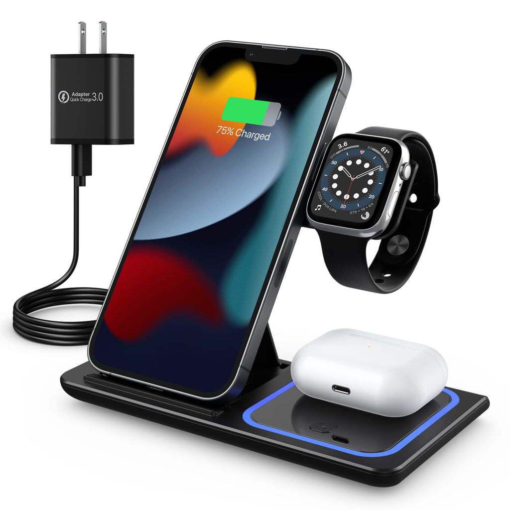  [AUSTRALIA] - Wireless Charging Station, 3 in 1 Foldable Wireless Charger Stand, Wireless Charging Stand for iPhone 13/12/12 Pro/12 Pro Max/11/XS Max/XS/XR/X/8P, Airpods 2/pro, Apple Watch, and Qi-Certified Phones