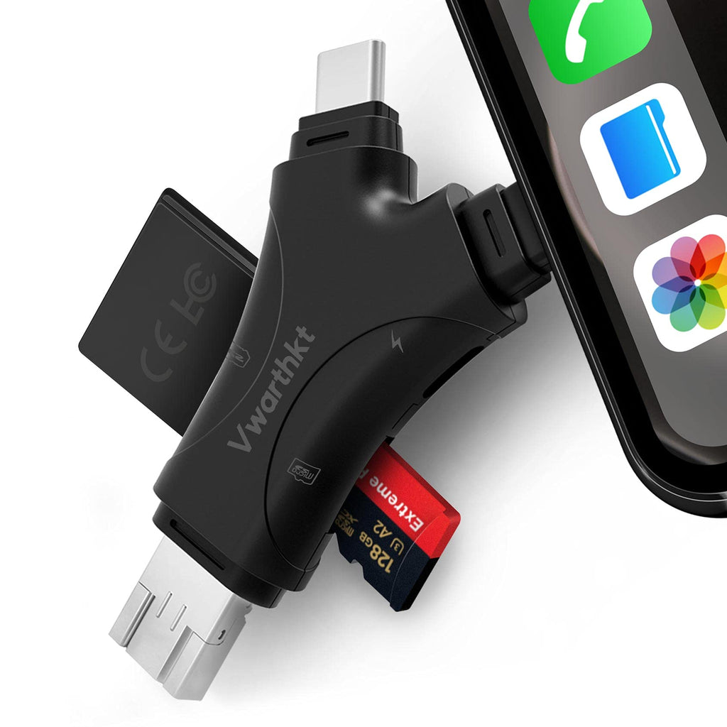  [AUSTRALIA] - SD Card Reader for iPhone / iPad / Android / Mac / Pcs,Vwarthkt Trail Camera 4 in 1 Micro SD Card Reader Viewer with Dual Slots,Plug and Play,No App Needed