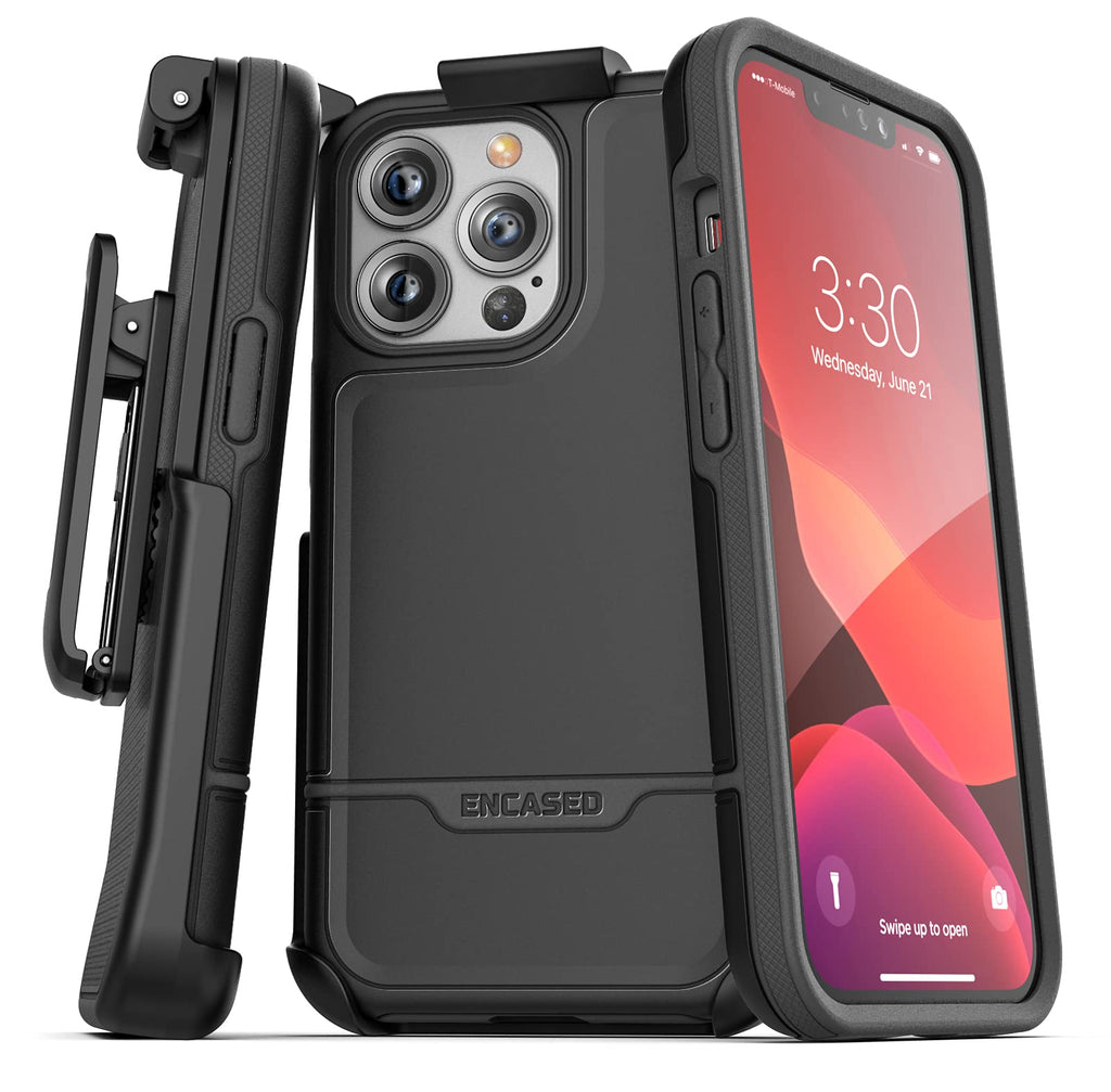  [AUSTRALIA] - Encased Rebel Designed for iPhone 13 PRO Belt Clip Case (2021) Protective Shockproof Case with Holster (Black) Black