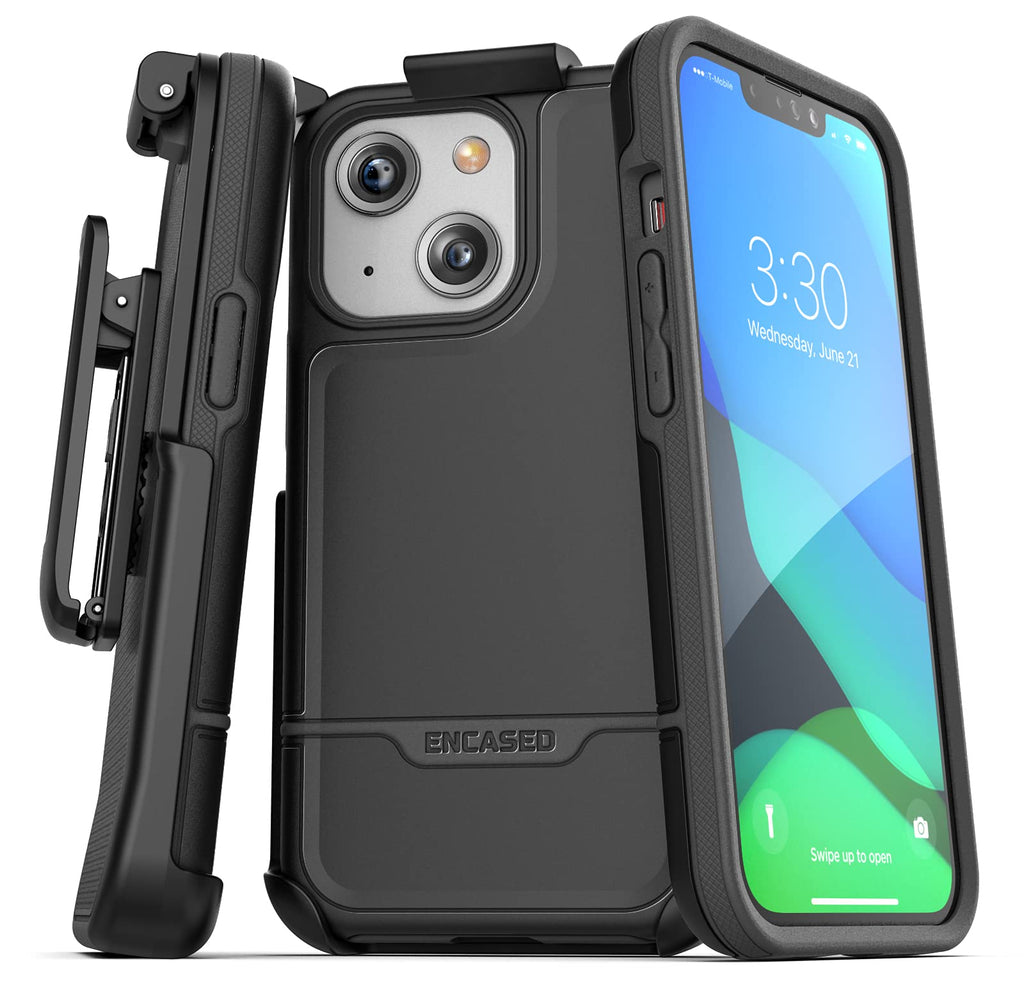  [AUSTRALIA] - Encased Rebel Designed for iPhone 13 Belt Clip Case (2021) Protective Shockproof Case with Holster (Black) Black