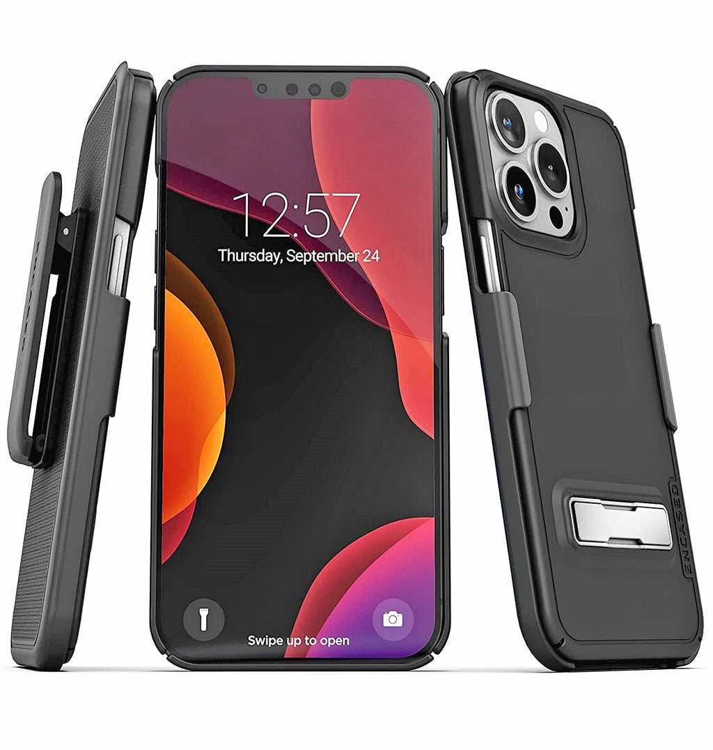  [AUSTRALIA] - Encased Belt Case Designed for iPhone 13 PRO MAX Case with Metal Kickstand and Slimline Holster Clip (Matte Black)