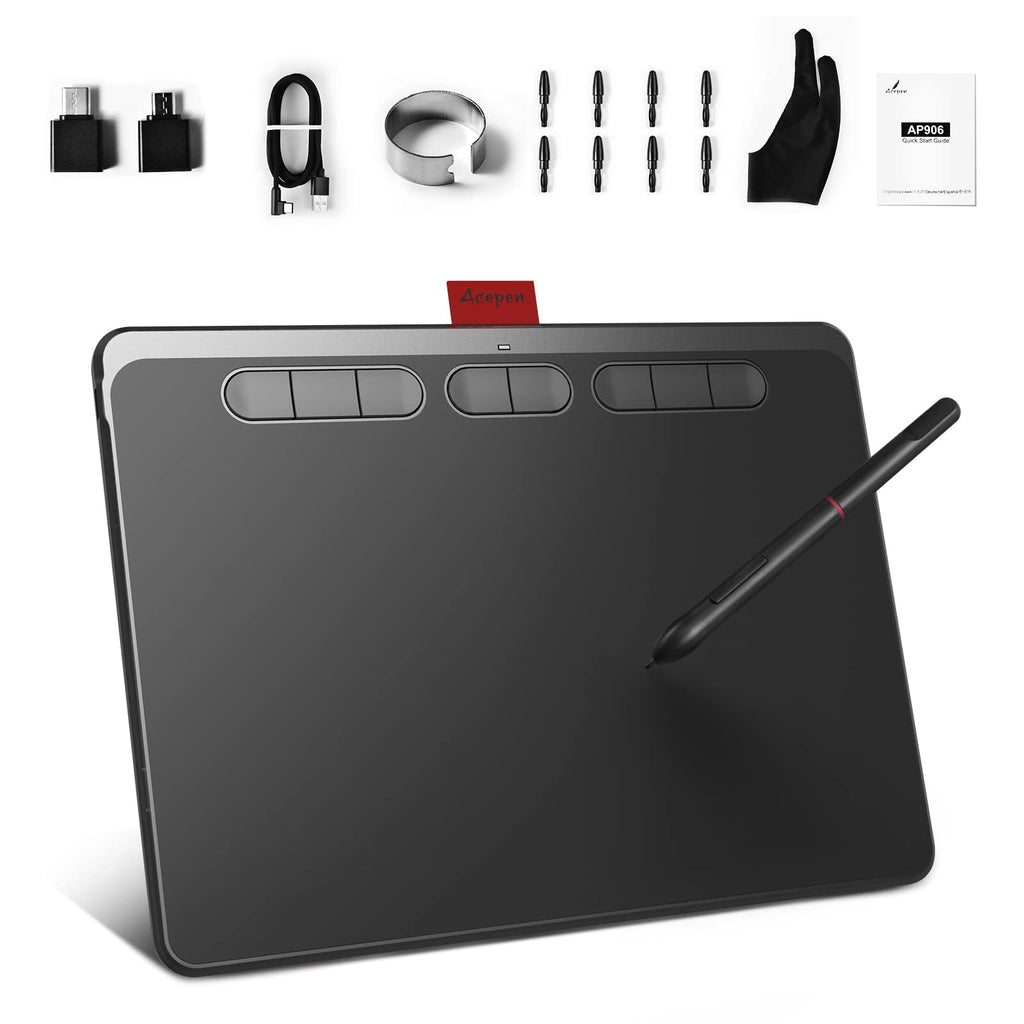  [AUSTRALIA] - Acepen Graphics Drawing Tablet with Battery-Free Stylus, 9x5 Inches Area with 8192 Level Pen, Support Mac OSX, Windows and Android, Suit for Working and Learning, 8 Customizable Shortcut Keys Black