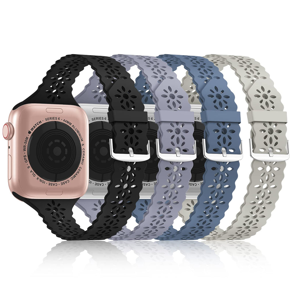  [AUSTRALIA] - [Bandiction 4 Pack] Lace Silicone Bands Compatible with Apple Watch Band 38mm 40mm 42mm 44mm,Women Slim Thin Hollow-out iWatch Sport Wristband with Classic Clasp for iWatch Series SE 7 6 5 4 3 2 1 Black/Alaskan Blue/Stone/Lavender Gray 38mm/40mm/41mm