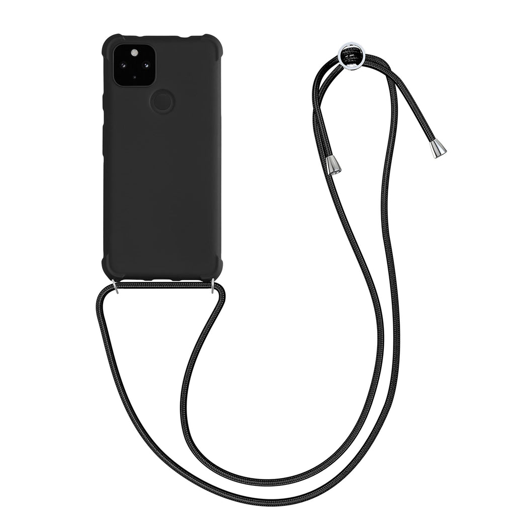  [AUSTRALIA] - kwmobile Case Compatible with Google Pixel 5a 5G - Crossbody Case Soft Matte TPU Phone Holder with Neck Strap - Black
