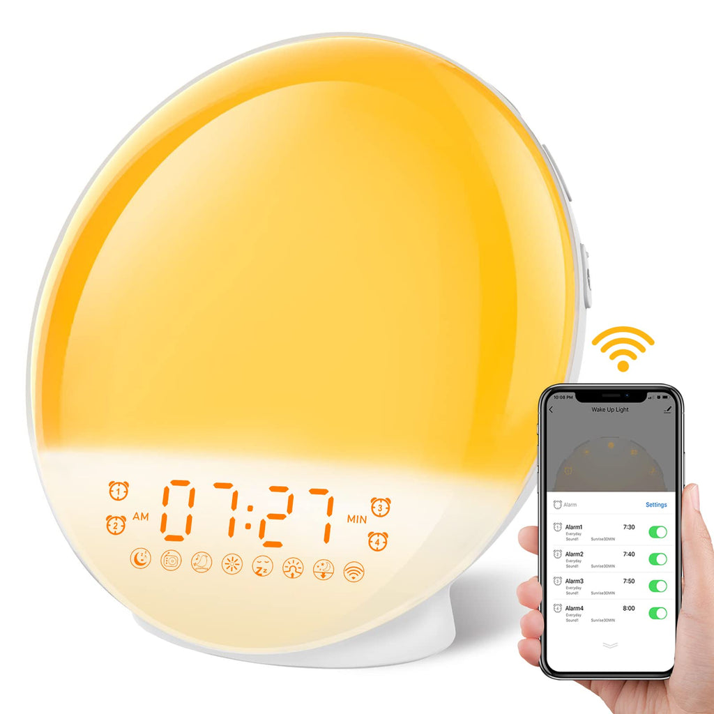  [AUSTRALIA] - Sunrise Alarm Clock, Smart Wake Up Light Work with Alexa, 4 Alarms with FM Radio, 7 Nature Sounds & Snooze, 7 Colors Night Light, Sleep Aid Digital Alarm Clock for Heavy Sleepers Adults Kids