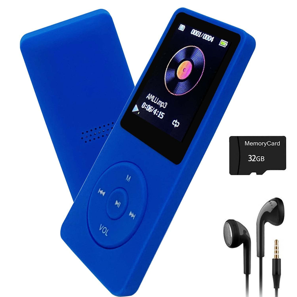  [AUSTRALIA] - MP3 Player 32GB with Speaker FM Radio Earphone Portable Mini Blue Music Player Voice Recorder E-Book 1.8 inch HD Screen Support up to 128GB