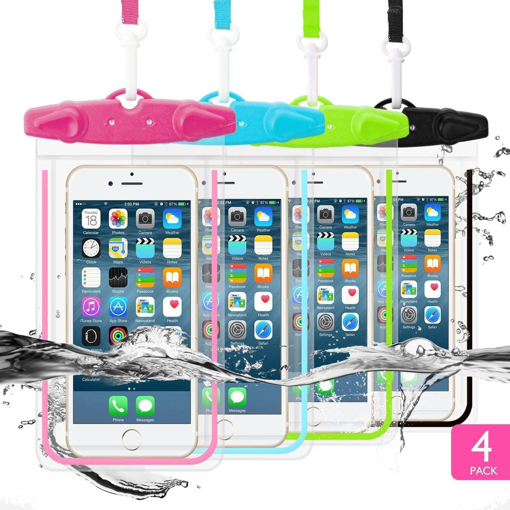  [AUSTRALIA] - Universal Waterproof Phone Case, IPX8 Waterproof Phone Pouch Cellphone Dry Bag for Beach Pool Kayaking Water Games Protect Travel iPhone 13 12 Pro XS Max Plus Samsung Galaxy Note Google LG HTC, 4 Pack Black+Blue+Green+Pink