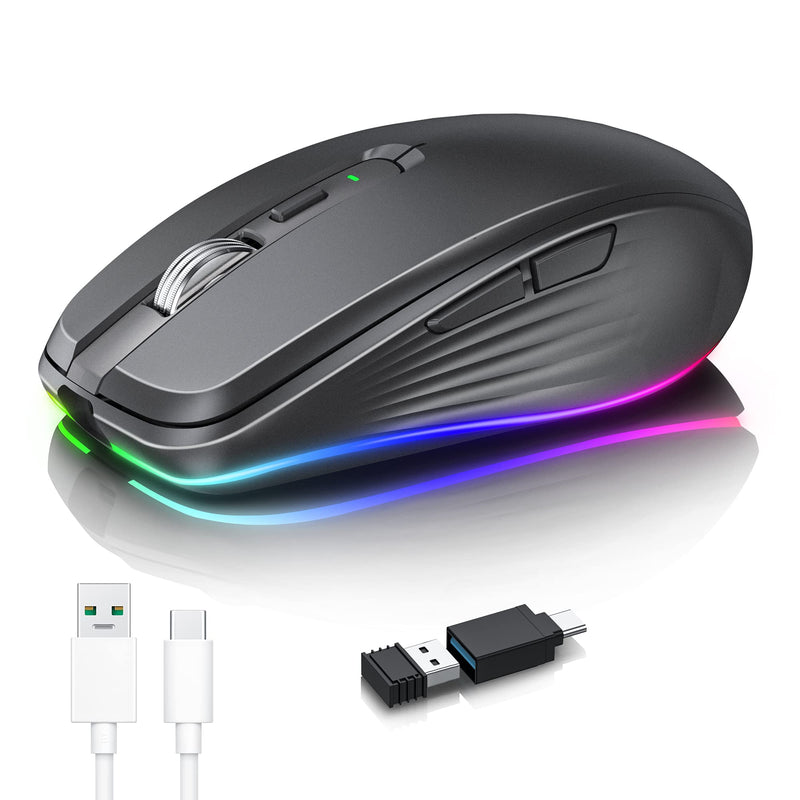  [AUSTRALIA] - Rechargeable Wireless Mouse, 2.4G RGB 4 Adjustable DPI (Max 3600) Quiet Ergonomic Mouse with 6 Buttons for PC, Computer, Laptop, ChromeBook,Tablet, Compact Cordless Mice, USB and USB-C Adapter (Black) Black