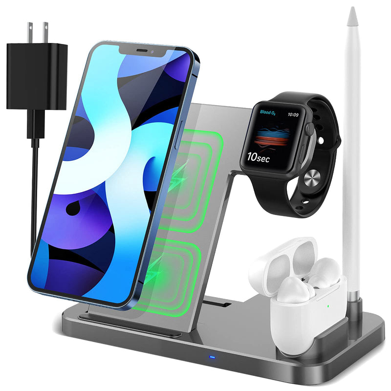  [AUSTRALIA] - 4 in 1 Wireless Charging Station,2021 Upgraded Fast Charging Dock Stand for iWatch Series 7/6/SE/5/4/3/2, AirPods & Pencil, Compatible with iPhone13/12Pro/11/XS/XR/8/Samsung Silver