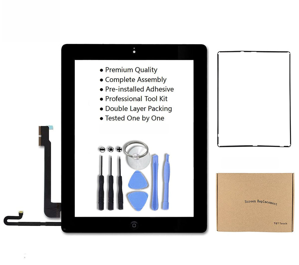  [AUSTRALIA] - Black Touch Screen Replacement Glass Replacement Digitizer Assembly Repair Kit for iPad 4 2012 9.7 inch Model A1458 A1459 A1460 with Home Button, Camera Bracket, Adhesive, Tool Kits