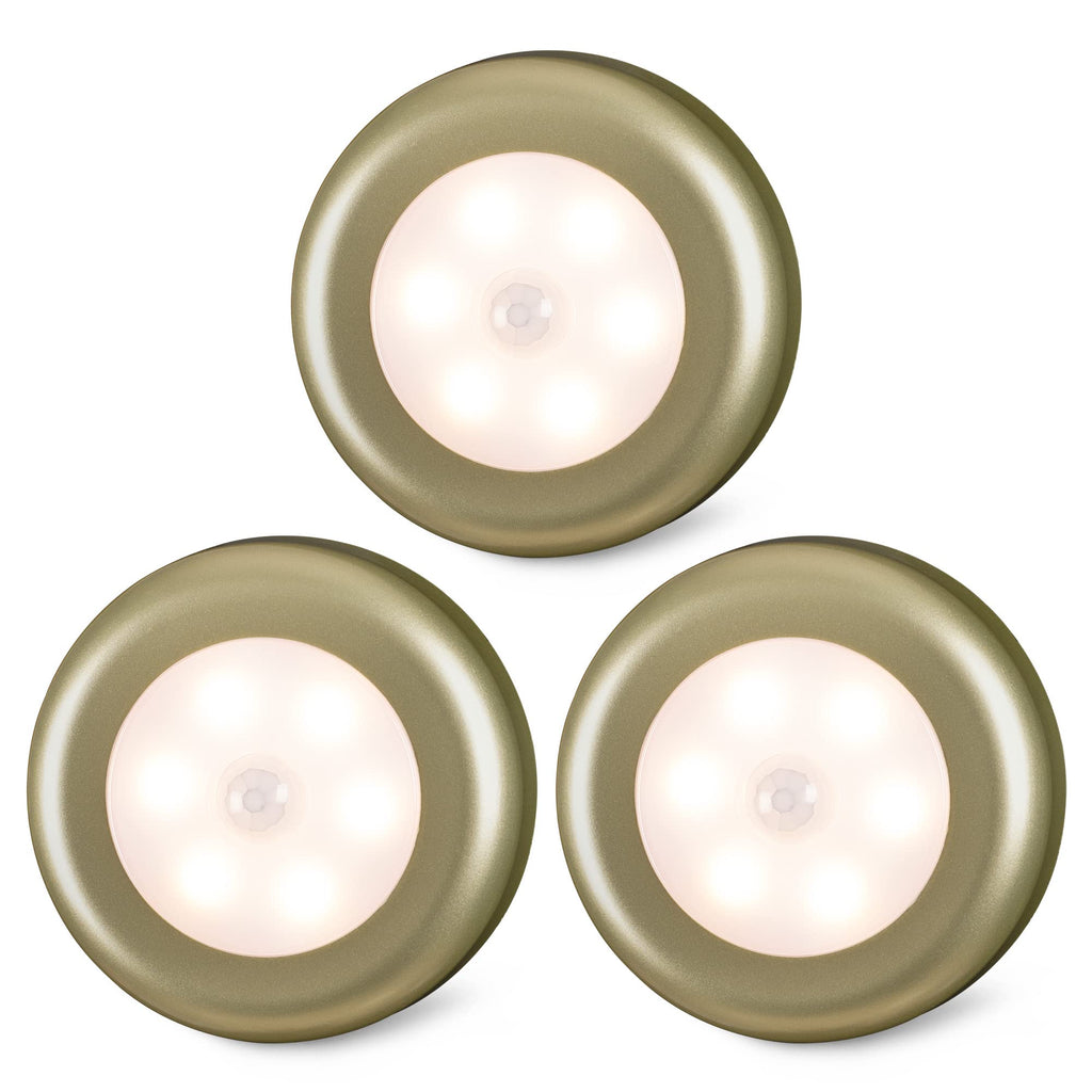  [AUSTRALIA] - Motion Sensor Lights Indoor, STAR-SPANGLED High CRI Stick on Puck Lights Battery Operated, Cordless LED Under Cabinet Lights Motion Activated, Night Stairs Lights for Closet (Gold, Warm White, 3Pack) 3 Pack Gold Body, Warm White, 3 Pack