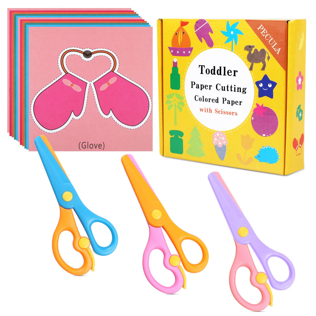  [AUSTRALIA] - 3 Pack Toddler Scissors, Kids Scissors, Plastic Children Safety Scissors, Dual-Color Preschool Training Scissors(3 Pack), Paper Cutting(96 Pcs) Set For Paper Craft Supplies