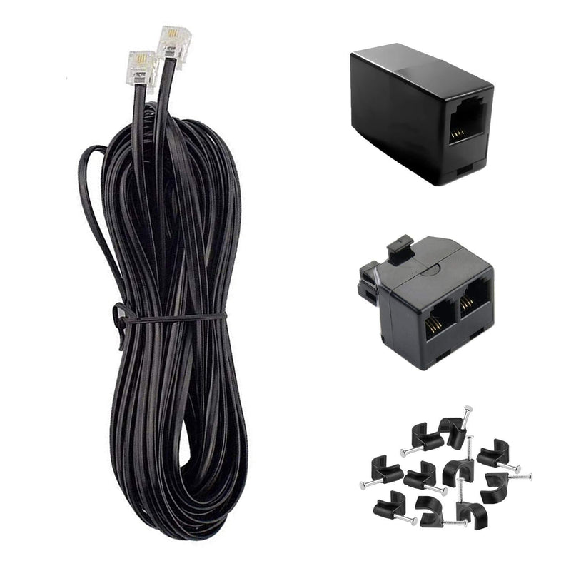  [AUSTRALIA] - Phone Cord 50FT, Landline Telephone Cable with RJ11 Plug, Includes Telephone Inline Coupler RJ11 Splitter and 20pcs Cable Clips(Black) Black