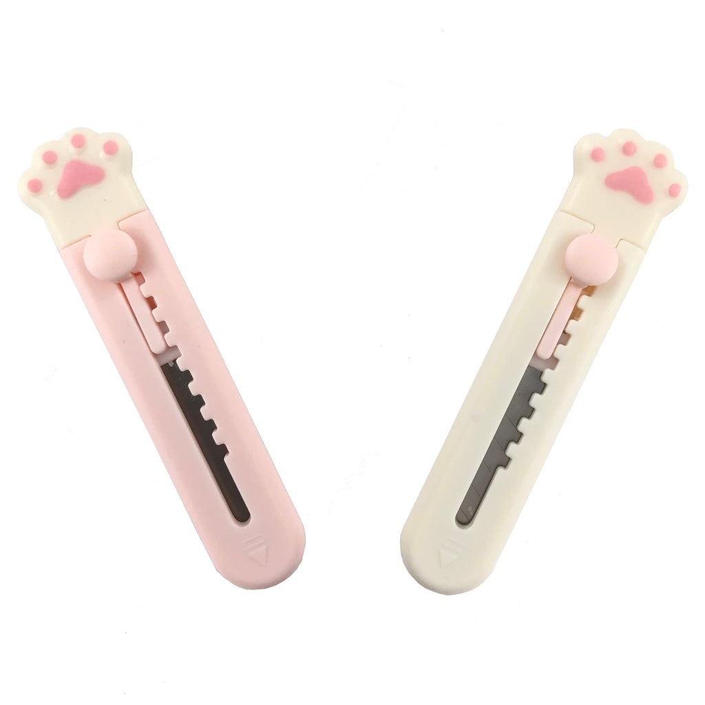  [AUSTRALIA] - BusyPet Kawaii Box Cutter Cute Box Cutter (2 pcs) Cat Paw Box Cutter Cute Letter Openers Cat Box Cutter Kawaii Knife Mini Cute Pocket Knife Cute Knife for Cat Lovers (Pink, White)