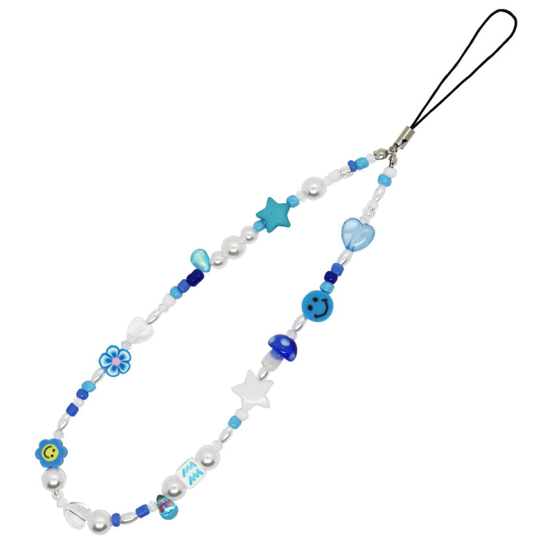  [AUSTRALIA] - Beaded Phone Charm, Cell Phone Lanyard Wrist Strap Beaded Phone Chain Polymer Clay Smiley Face Beads Bracelet Keychain Jewelry Blue Aquarius