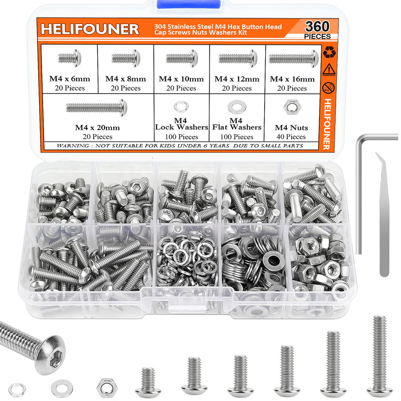  [AUSTRALIA] - HELIFOUNER 360 Pieces M4 x 6mm /8mm /10mm /12mm /16mm /20mm, Hex Button Head Cap Metric Screws Bolts Washers Nuts Kit, 304 Stainless Steel