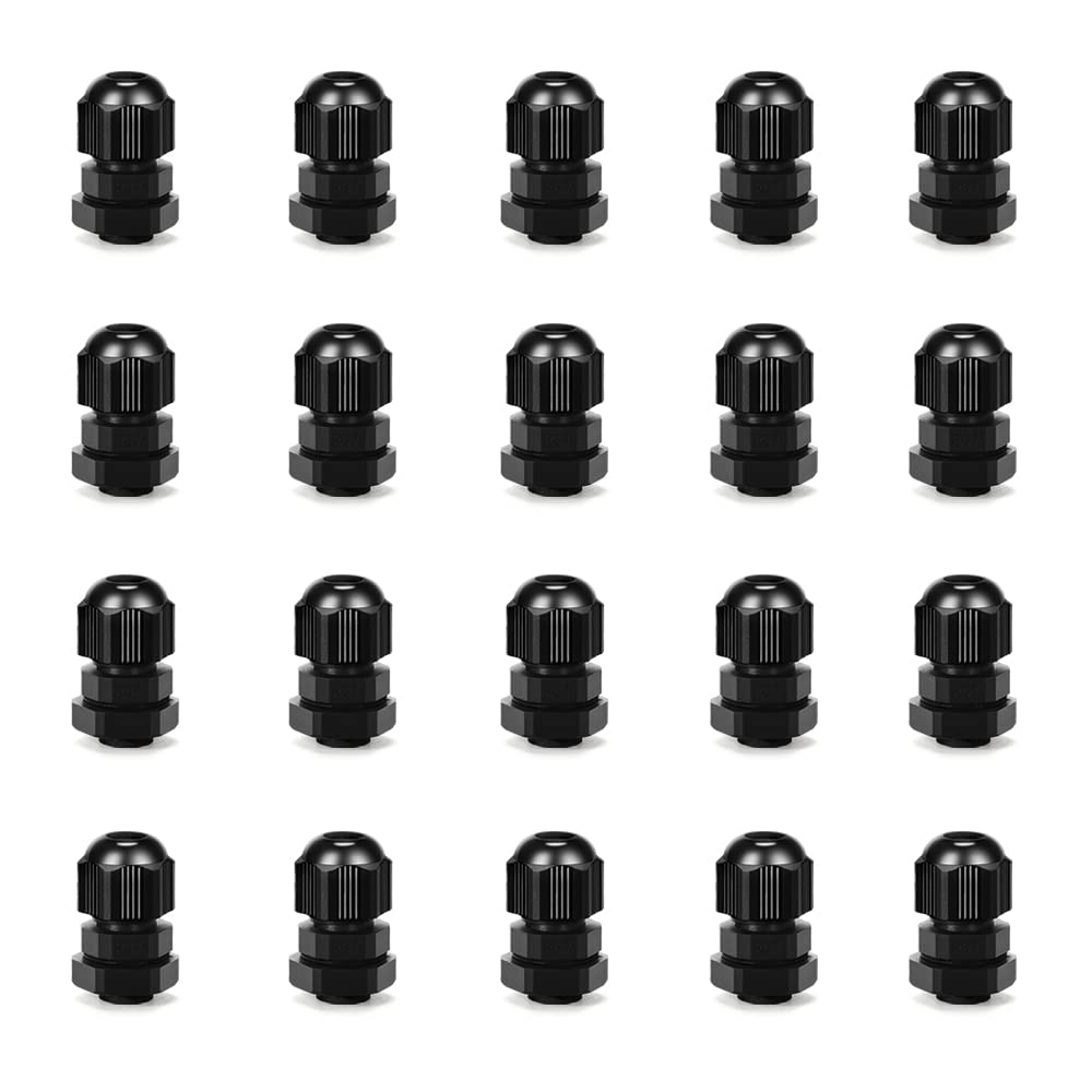  [AUSTRALIA] - CGELE Cable Gland 20 Pack Plastic Waterproof Adjustable Connector 3-7mm PG7 Strain Relief Cord Connectors Joints Nylon with Gaskets, (20-pack) PG7(20-pack)