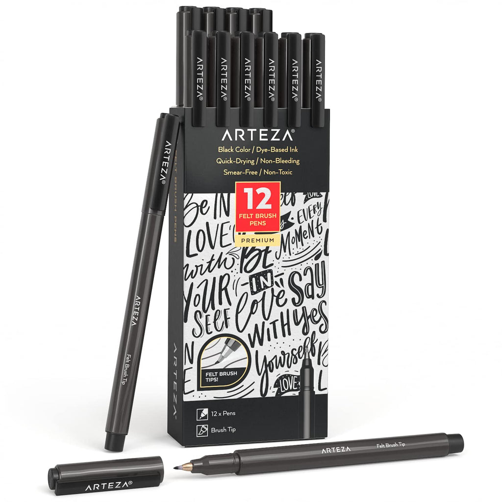  [AUSTRALIA] - Arteza Felt-Tip Brush Pens, Set of 12 Nontoxic Black Marker Pens, Quick-Dry and Smear-Proof, Art Supplies for Sketching, Lettering, and Calligraphy 12 Brush Tip