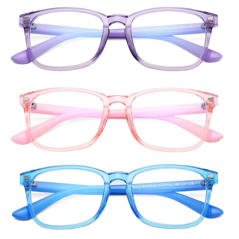  [AUSTRALIA] - Blue Screen Glasses for Kids, COASION 3 Pack Blue Light Blocking Glasses for Girls Boys, Computer Gaming Fake Eyeglasses ( Clear Purple + Clear Pink + Clear Blue )