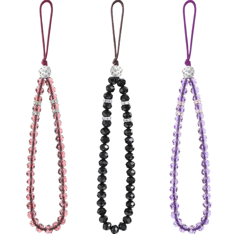  [AUSTRALIA] - 3 Pieces Cell Phone Lanyard Strap Phone Charm Bling Crystal Beads Hand Wrist Lanyard Strap Beaded Women's Wristlet Black, Purplish Red, Purple